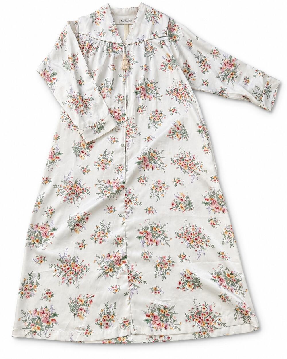1970's Christian Dior Floral Hostess Gown Robe Zip Front Tassel Authenticated
